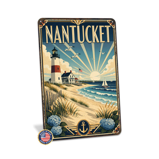 Nantucket Massachusetts metal sign with art-deco vintage travel poster style of Nantucket Massachusetts (new england coast)