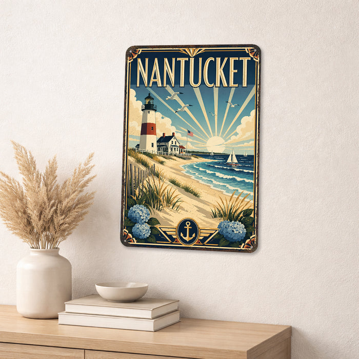 Nantucket Massachusetts metal sign with art-deco vintage travel poster style of Nantucket Massachusetts (new england coast)