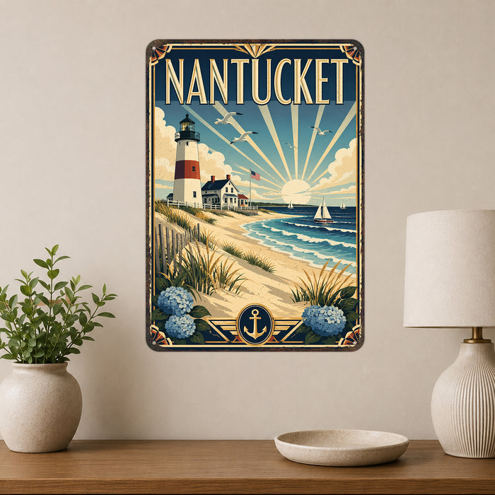 Nantucket Massachusetts metal sign with art-deco vintage travel poster style of Nantucket Massachusetts (new england coast)