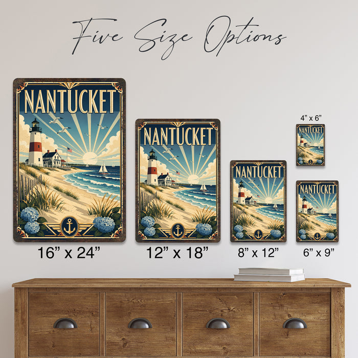 Nantucket Massachusetts metal sign with art-deco vintage travel poster style of Nantucket Massachusetts (new england coast)