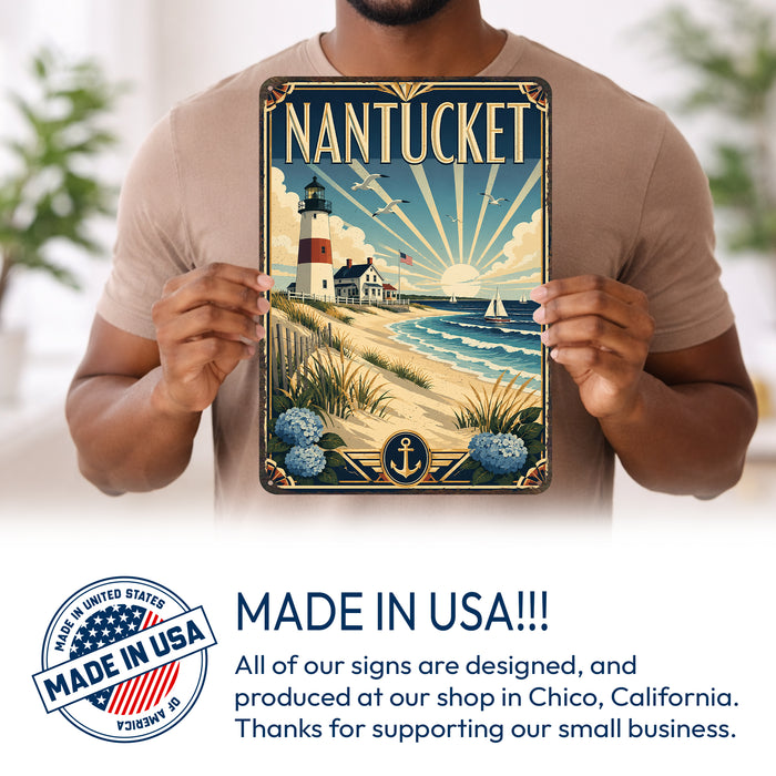 Nantucket Massachusetts metal sign with art-deco vintage travel poster style of Nantucket Massachusetts (new england coast)