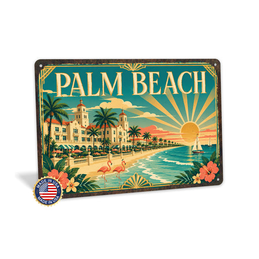 Palm Beach Florida metal sign with art-deco vintage travel poster style of Palm Beach Florida (florida atlantic)