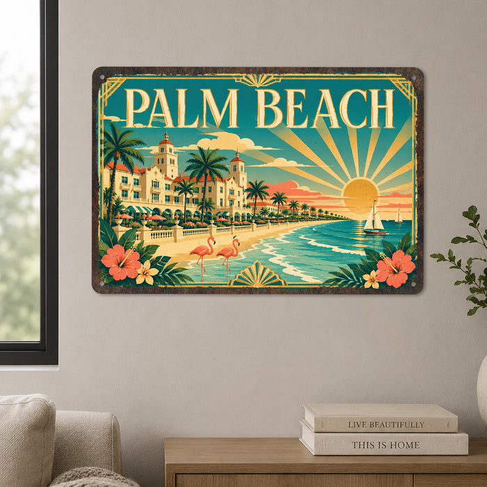 Palm Beach Florida metal sign with art-deco vintage travel poster style of Palm Beach Florida (florida atlantic)