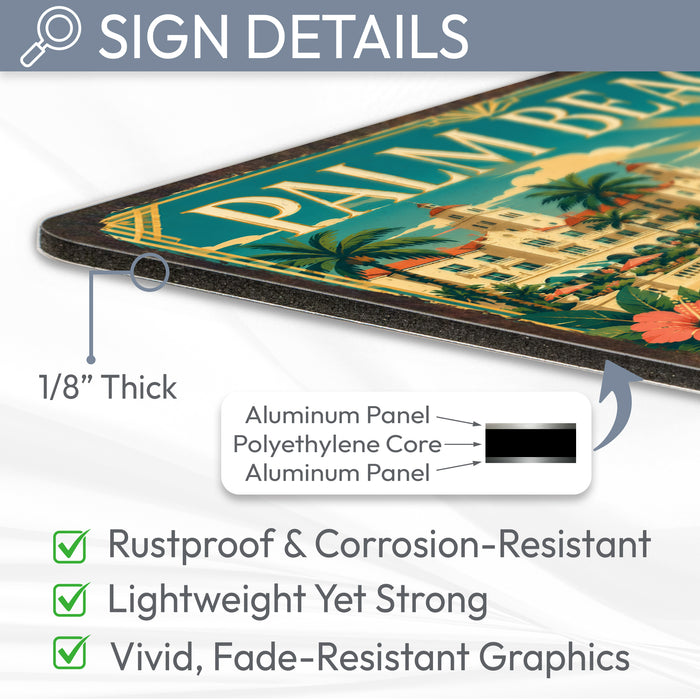 Palm Beach Florida metal sign with art-deco vintage travel poster style of Palm Beach Florida (florida atlantic)