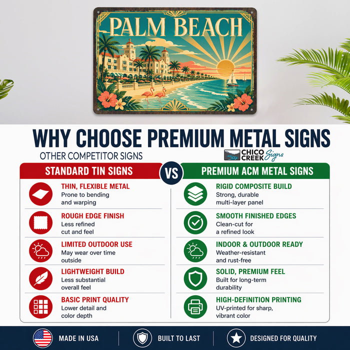 Palm Beach Florida metal sign with art-deco vintage travel poster style of Palm Beach Florida (florida atlantic)