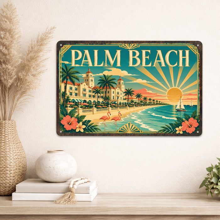 Palm Beach Florida metal sign with art-deco vintage travel poster style of Palm Beach Florida (florida atlantic)