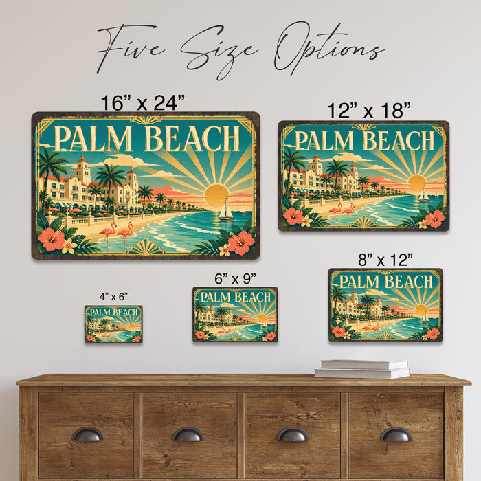 Palm Beach Florida metal sign with art-deco vintage travel poster style of Palm Beach Florida (florida atlantic)