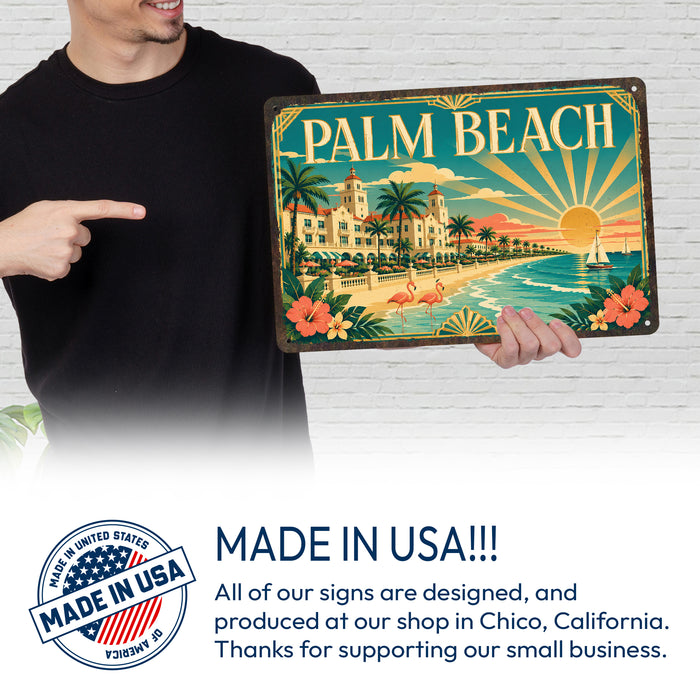 Palm Beach Florida metal sign with art-deco vintage travel poster style of Palm Beach Florida (florida atlantic)