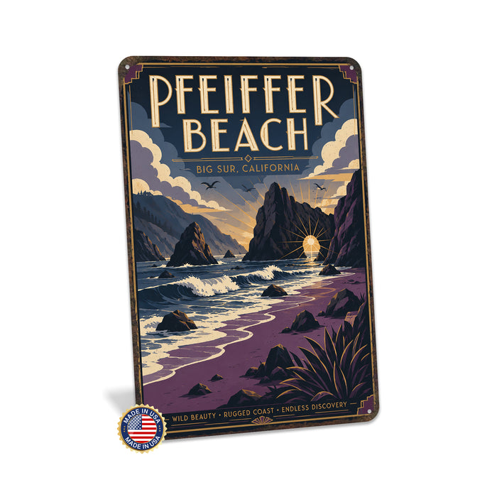 Pfeiffer Beach Big Sur California metal sign with art-deco vintage travel poster style of Pfeiffer Beach Big Sur California