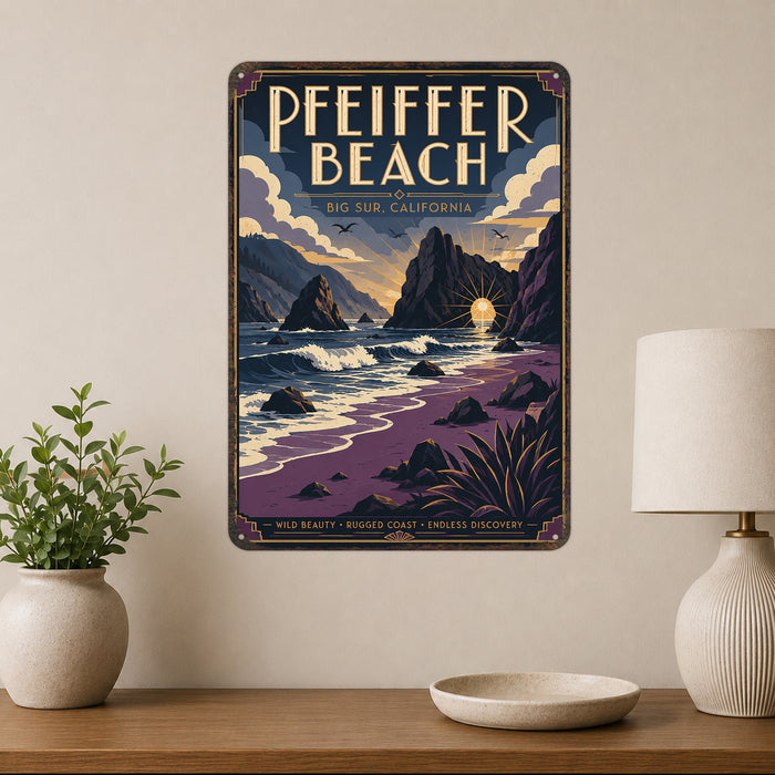 Pfeiffer Beach Big Sur California metal sign with art-deco vintage travel poster style of Pfeiffer Beach Big Sur California