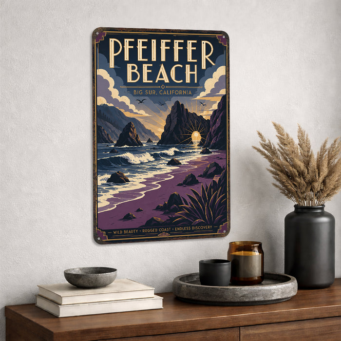 Pfeiffer Beach Big Sur California metal sign with art-deco vintage travel poster style of Pfeiffer Beach Big Sur California
