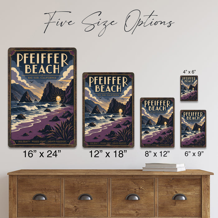 Pfeiffer Beach Big Sur California metal sign with art-deco vintage travel poster style of Pfeiffer Beach Big Sur California