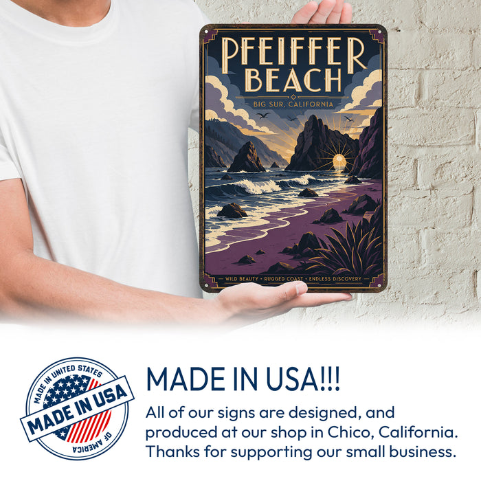 Pfeiffer Beach Big Sur California metal sign with art-deco vintage travel poster style of Pfeiffer Beach Big Sur California