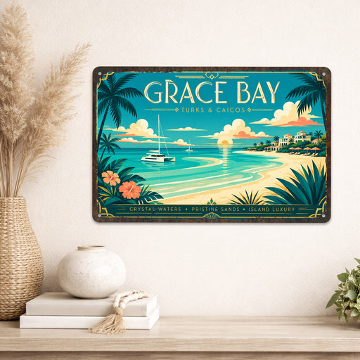 Grace Bay Turks and Caicos metal sign with art-deco vintage travel poster style of Grace Bay Turks and Caicos (caribbean)
