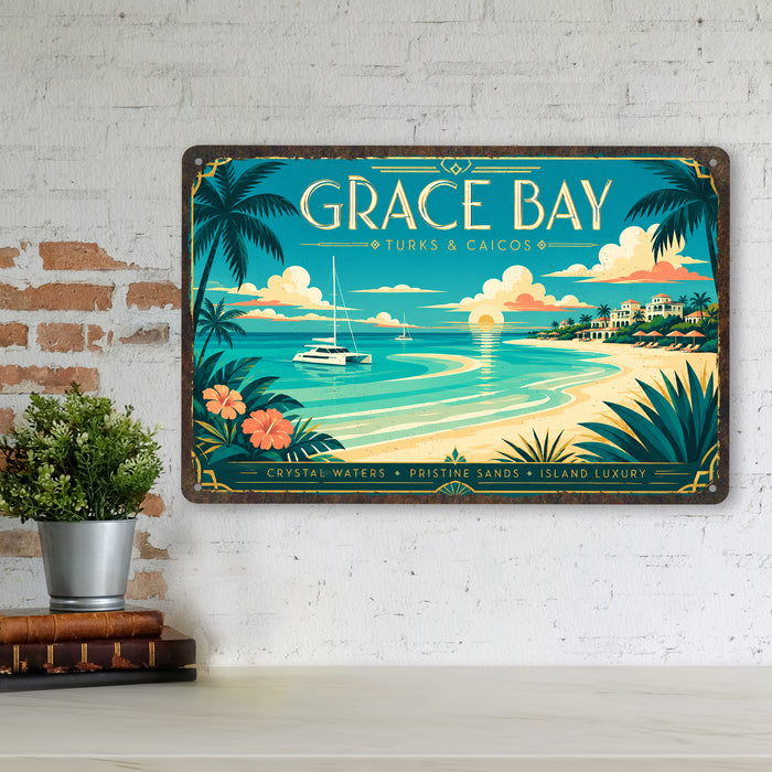 Grace Bay Turks and Caicos metal sign with art-deco vintage travel poster style of Grace Bay Turks and Caicos (caribbean)