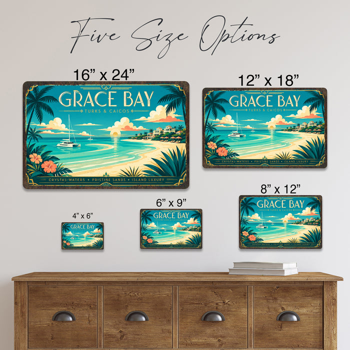 Grace Bay Turks and Caicos metal sign with art-deco vintage travel poster style of Grace Bay Turks and Caicos (caribbean)