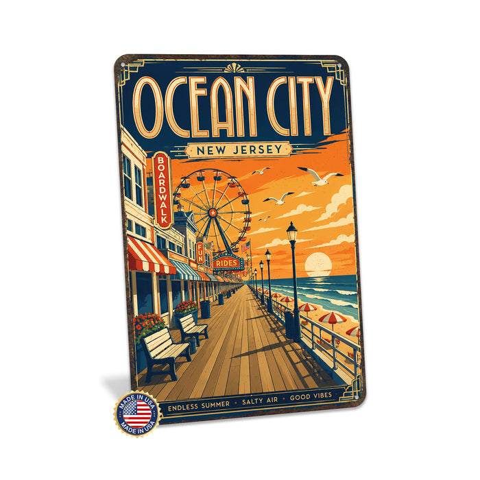 Ocean City New Jersey metal sign with art-deco vintage travel poster style of Ocean City New Jersey (new jersey shore)