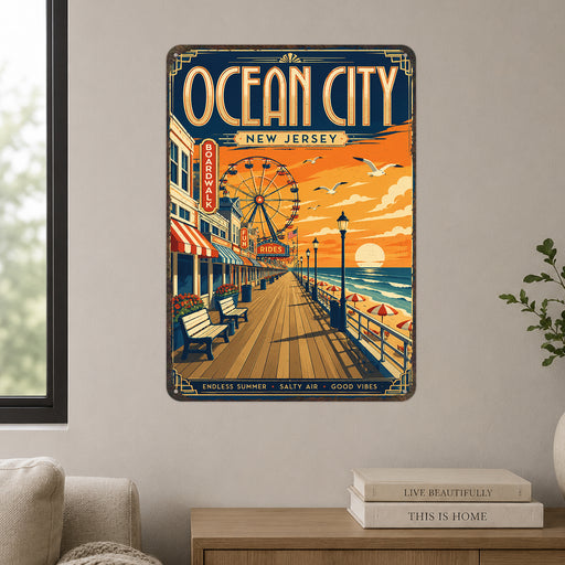 Ocean City New Jersey metal sign with art-deco vintage travel poster style of Ocean City New Jersey (new jersey shore)