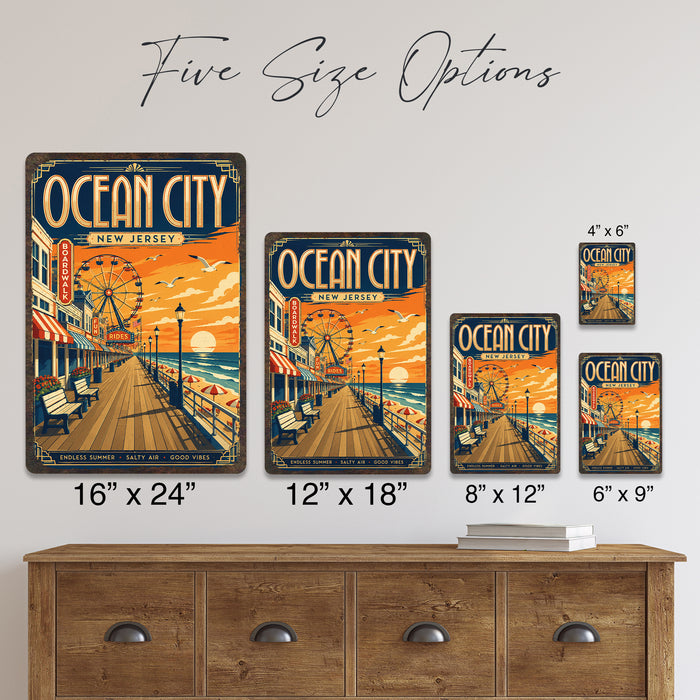 Ocean City New Jersey metal sign with art-deco vintage travel poster style of Ocean City New Jersey (new jersey shore)