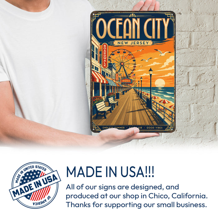 Ocean City New Jersey metal sign with art-deco vintage travel poster style of Ocean City New Jersey (new jersey shore)