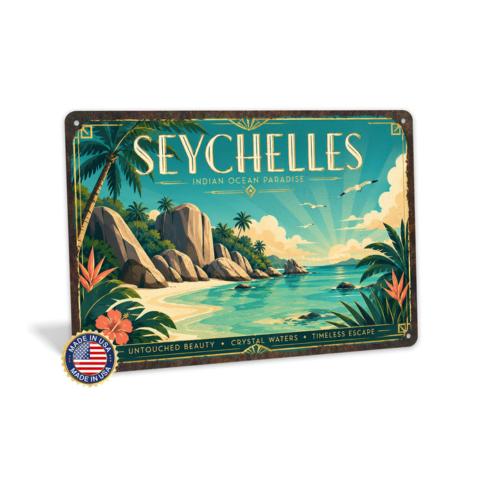 Seychelles Indian Ocean metal sign with art-deco vintage travel poster style of Seychelles Indian Ocean (indian ocean)