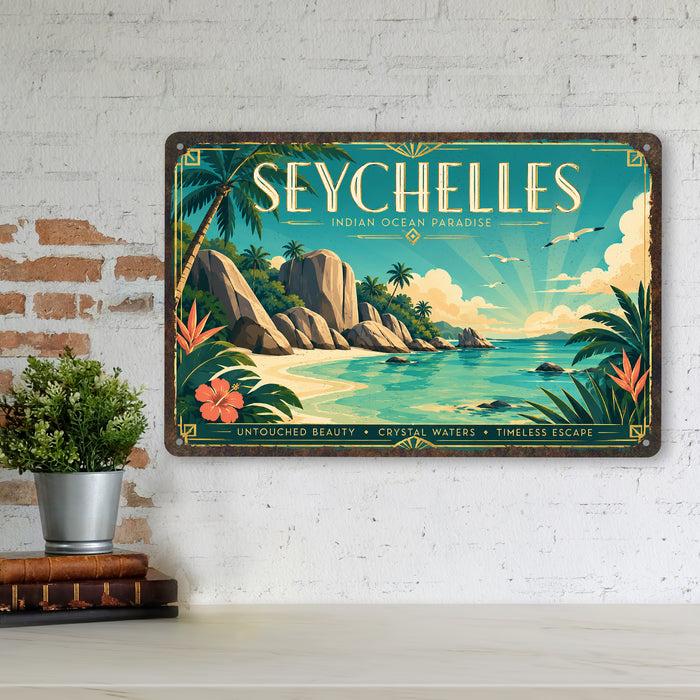 Seychelles Indian Ocean metal sign with art-deco vintage travel poster style of Seychelles Indian Ocean (indian ocean)