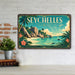 Seychelles Indian Ocean metal sign with art-deco vintage travel poster style of Seychelles Indian Ocean (indian ocean)