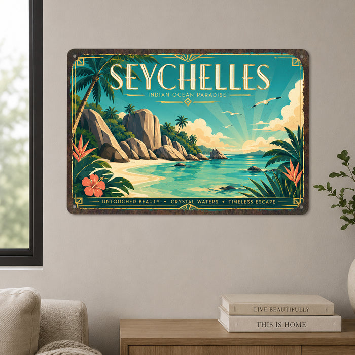 Seychelles Indian Ocean metal sign with art-deco vintage travel poster style of Seychelles Indian Ocean (indian ocean)