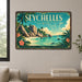 Seychelles Indian Ocean metal sign with art-deco vintage travel poster style of Seychelles Indian Ocean (indian ocean)