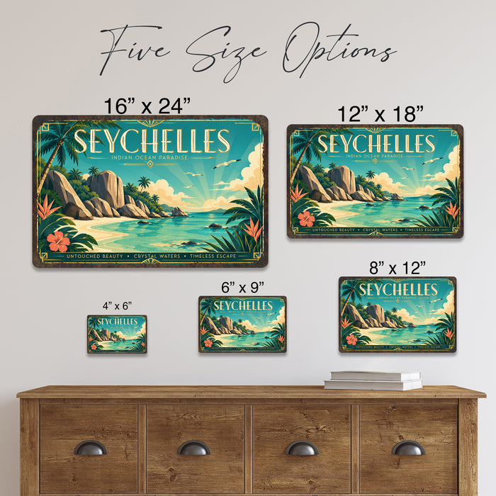 Seychelles Indian Ocean metal sign with art-deco vintage travel poster style of Seychelles Indian Ocean (indian ocean)