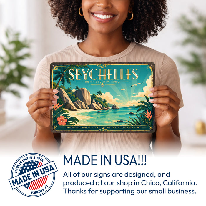 Seychelles Indian Ocean metal sign with art-deco vintage travel poster style of Seychelles Indian Ocean (indian ocean)