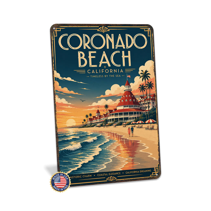 Coronado Beach California metal sign with art-deco vintage travel poster style of Coronado Beach California (california