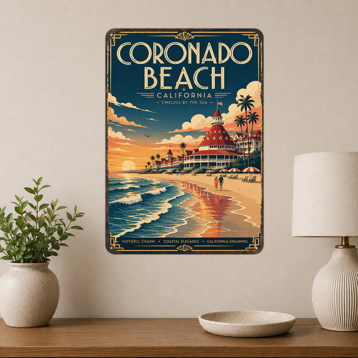 Coronado Beach California metal sign with art-deco vintage travel poster style of Coronado Beach California (california
