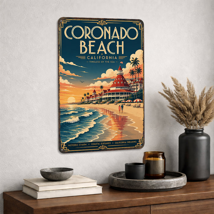 Coronado Beach California metal sign with art-deco vintage travel poster style of Coronado Beach California (california
