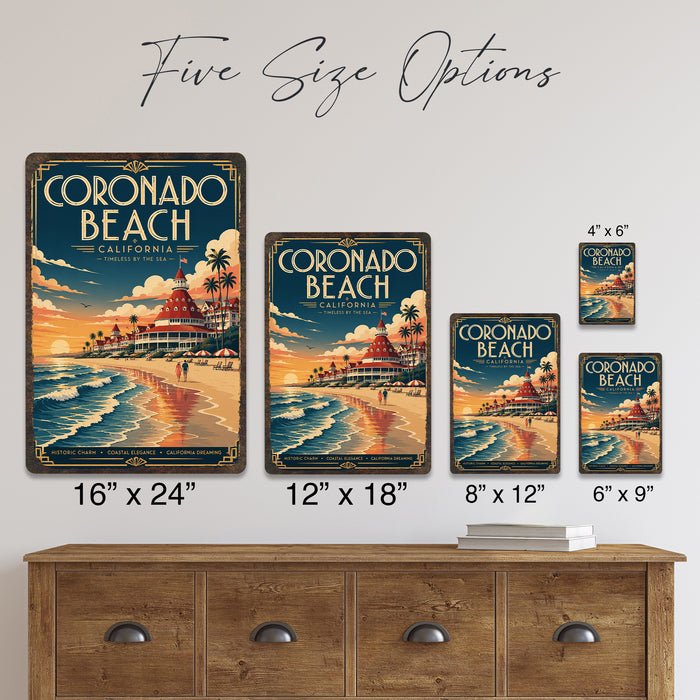 Coronado Beach California metal sign with art-deco vintage travel poster style of Coronado Beach California (california