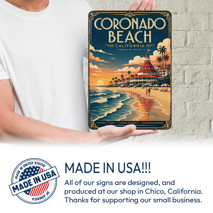 Coronado Beach California metal sign with art-deco vintage travel poster style of Coronado Beach California (california