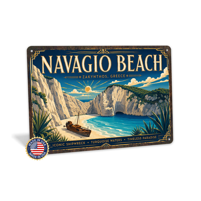 Navagio Beach Zakynthos Greece metal sign with art-deco vintage travel poster style of Navagio Beach Zakynthos Greece
