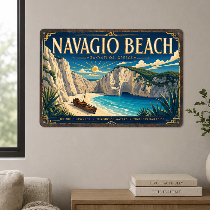 Navagio Beach Zakynthos Greece metal sign with art-deco vintage travel poster style of Navagio Beach Zakynthos Greece