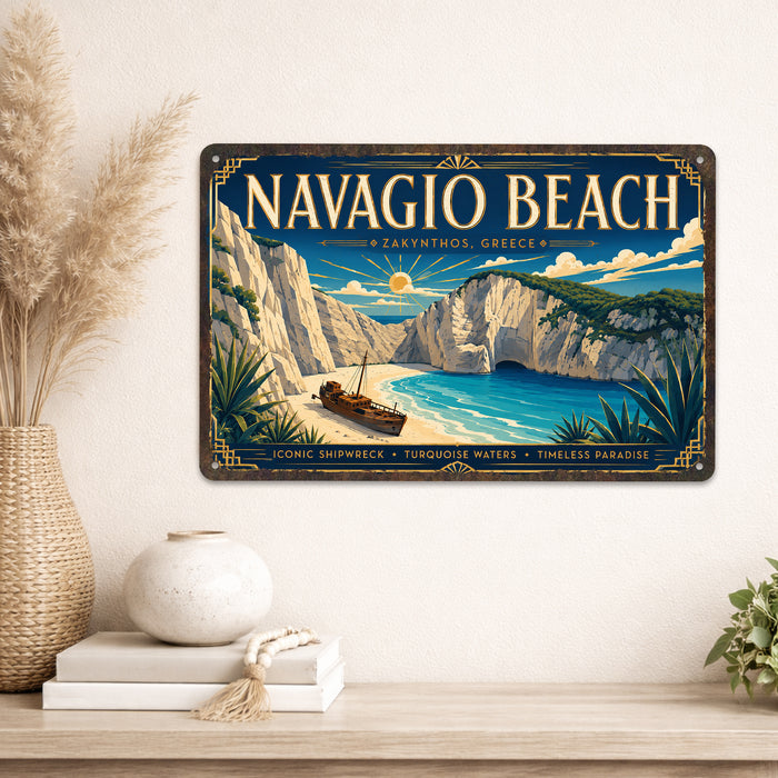 Navagio Beach Zakynthos Greece metal sign with art-deco vintage travel poster style of Navagio Beach Zakynthos Greece