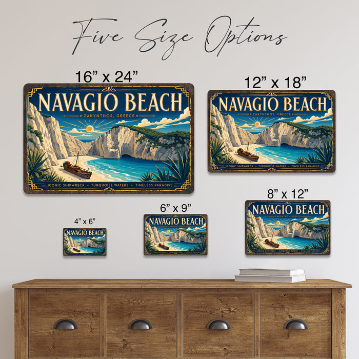 Navagio Beach Zakynthos Greece metal sign with art-deco vintage travel poster style of Navagio Beach Zakynthos Greece