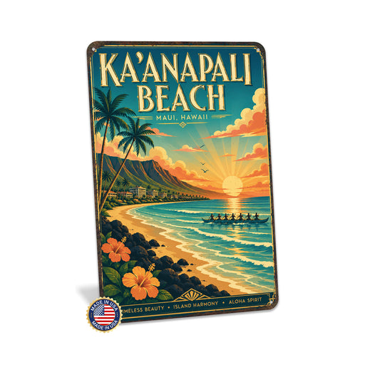 Kaanapali Beach Maui Hawaii metal sign with art-deco vintage travel poster style of Kaanapali Beach Maui Hawaii (maui hawaii)
