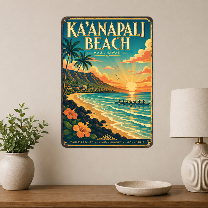 Kaanapali Beach Maui Hawaii metal sign with art-deco vintage travel poster style of Kaanapali Beach Maui Hawaii (maui hawaii)