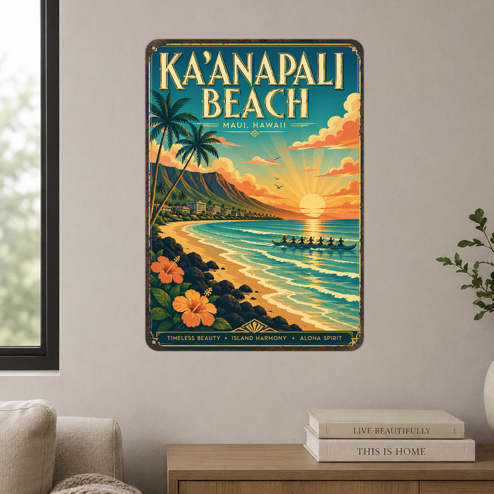 Kaanapali Beach Maui Hawaii metal sign with art-deco vintage travel poster style of Kaanapali Beach Maui Hawaii (maui hawaii)