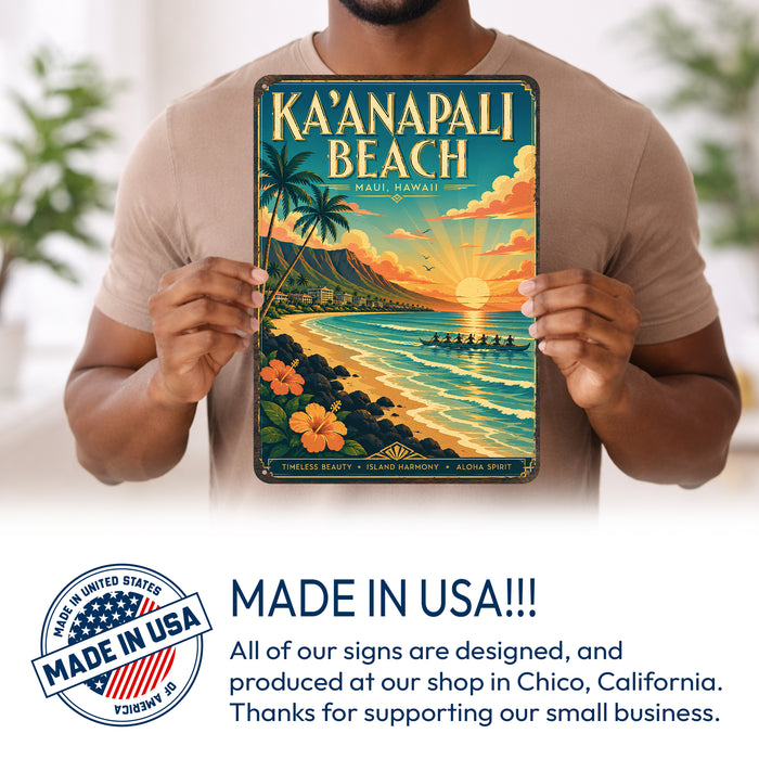 Kaanapali Beach Maui Hawaii metal sign with art-deco vintage travel poster style of Kaanapali Beach Maui Hawaii (maui hawaii)
