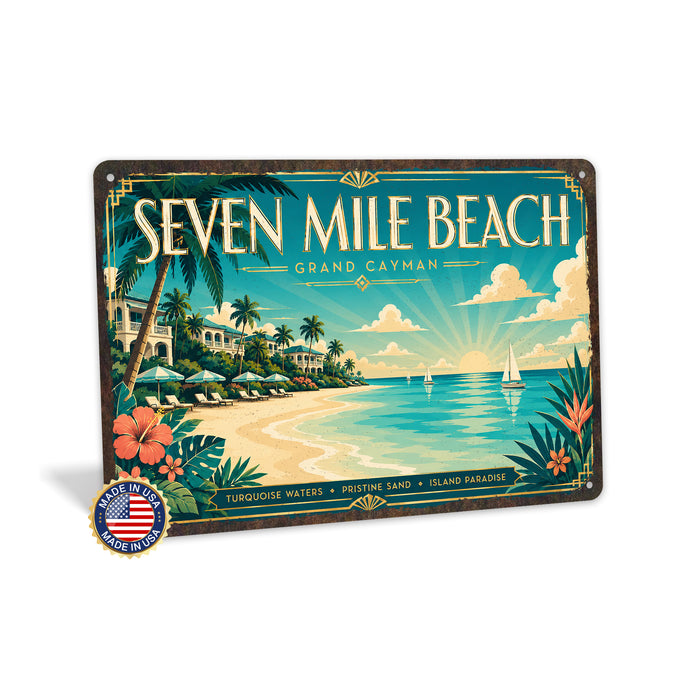 Seven Mile Beach Grand Cayman metal sign with art-deco vintage travel poster style of Seven Mile Beach Grand Cayman (cayman