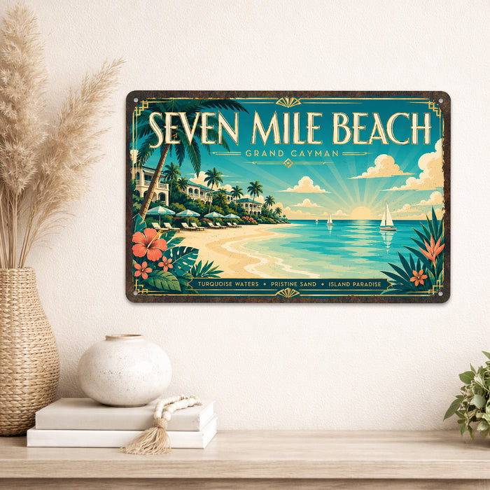 Seven Mile Beach Grand Cayman metal sign with art-deco vintage travel poster style of Seven Mile Beach Grand Cayman (cayman