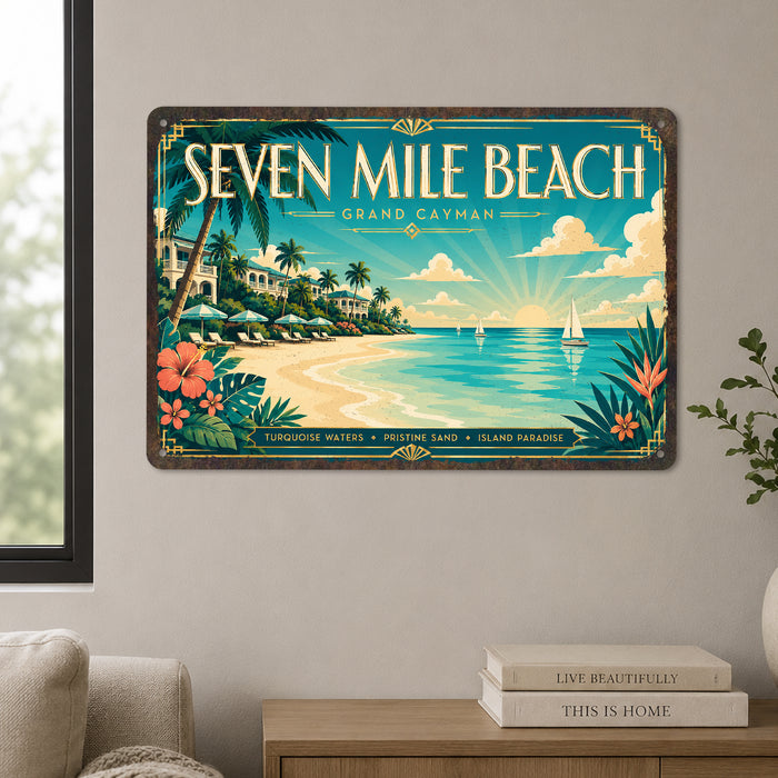 Seven Mile Beach Grand Cayman metal sign with art-deco vintage travel poster style of Seven Mile Beach Grand Cayman (cayman
