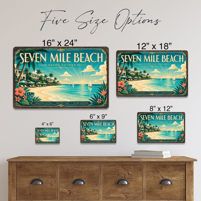 Seven Mile Beach Grand Cayman metal sign with art-deco vintage travel poster style of Seven Mile Beach Grand Cayman (cayman