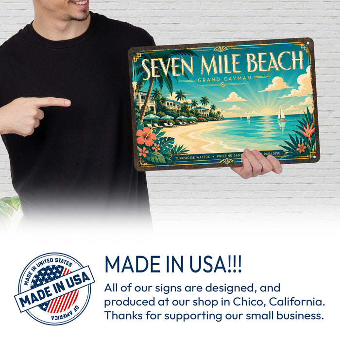 Seven Mile Beach Grand Cayman metal sign with art-deco vintage travel poster style of Seven Mile Beach Grand Cayman (cayman