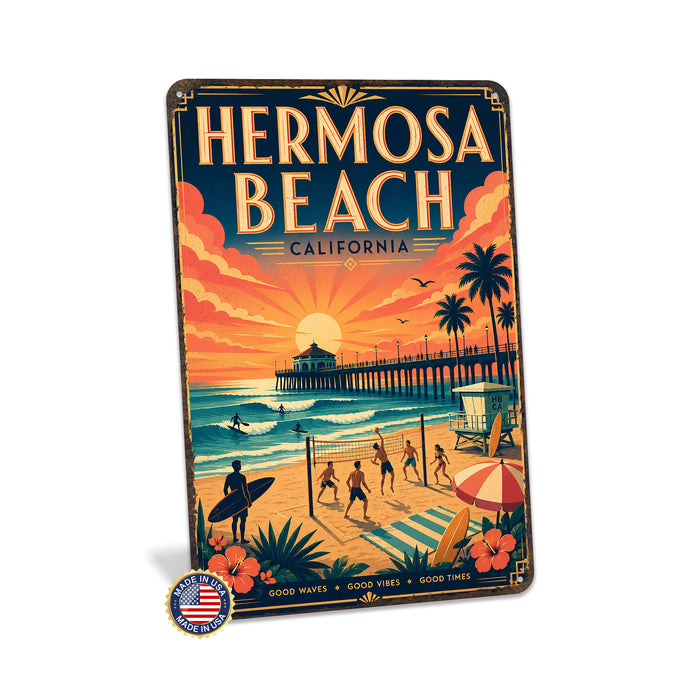 Hermosa Beach California metal sign with art-deco vintage travel poster style of Hermosa Beach California (california coast)